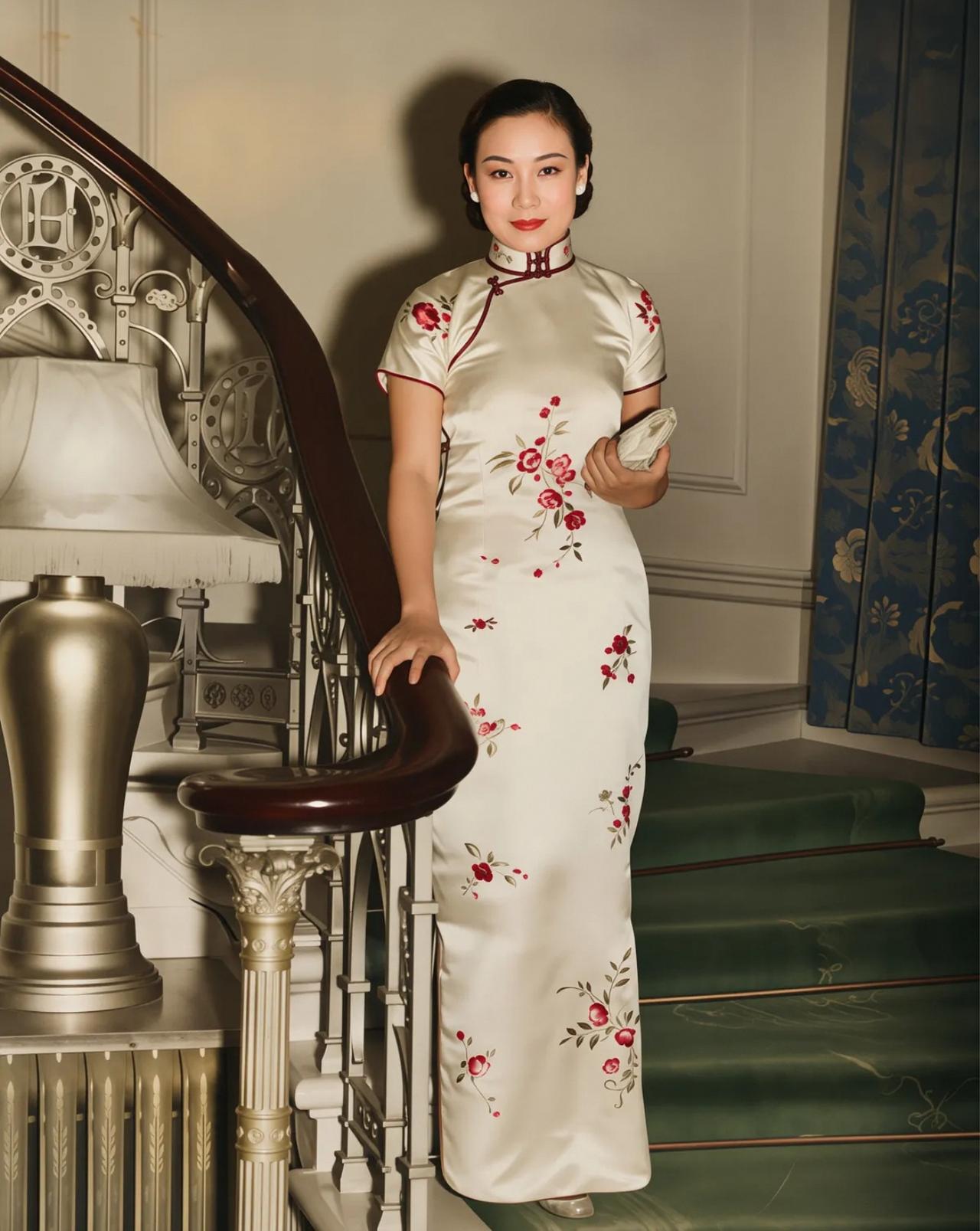 1935年，出访欧洲的电影皇后胡蝶，一袭旗袍，美不胜收。