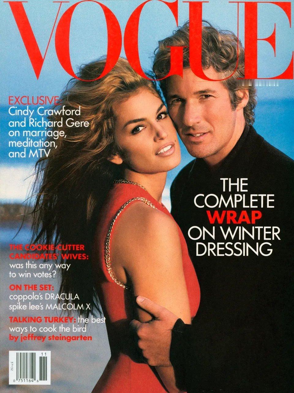 1992年理查基尔和当时的超模妻子Cindy一起登上Vogue封面。几年后两人离