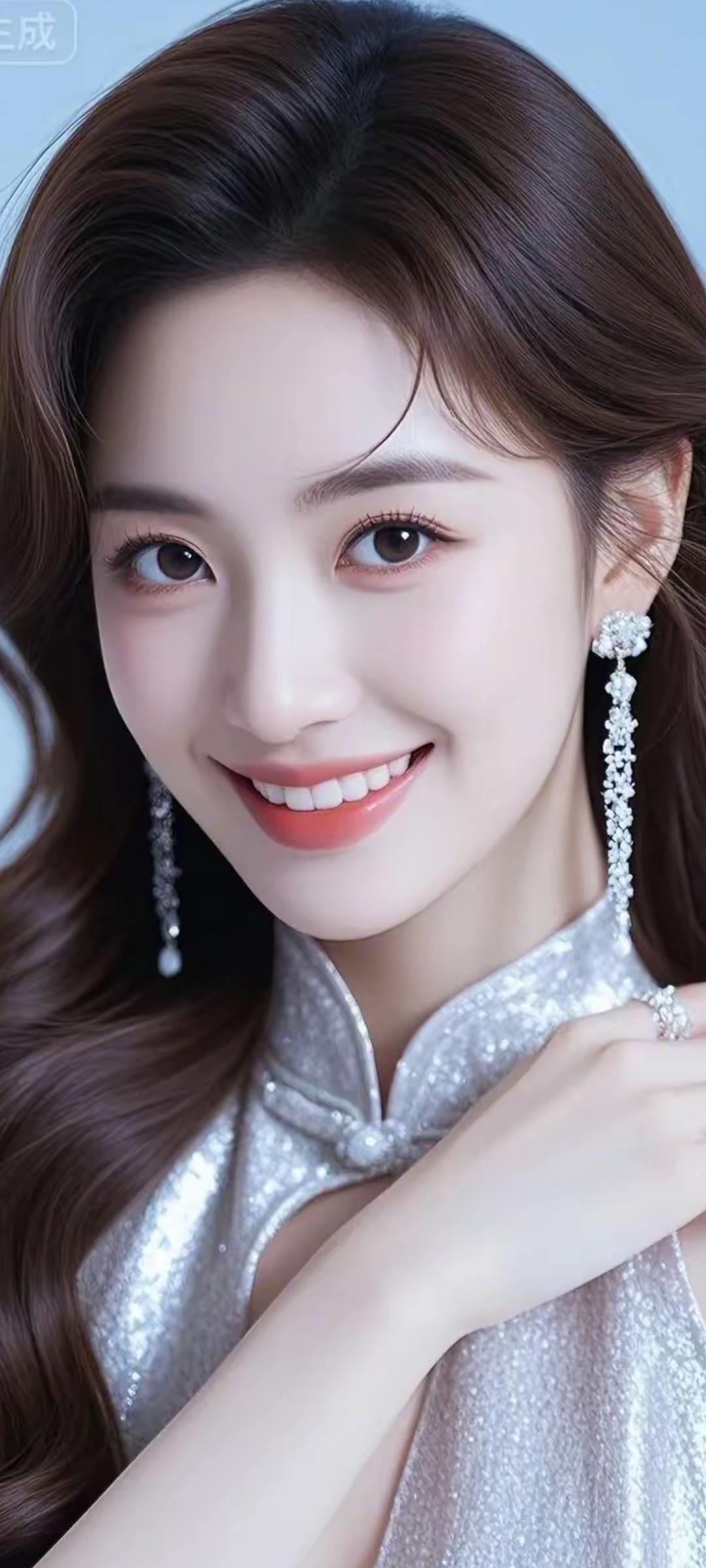 优雅气质，银光闪闪的晚礼服，闪耀的耳环，甜美笑容，完美女神！💃✨