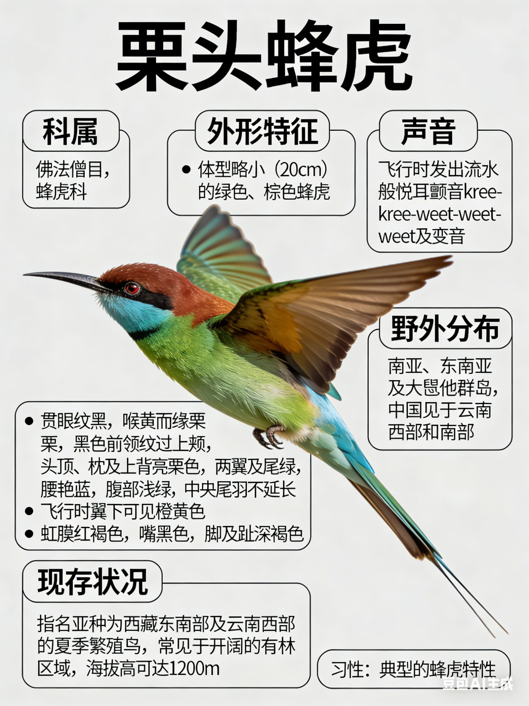 鸟类朋友图鉴栗头蜂虎·科属：佛法僧目，蜂虎科。·外形特征：体型略小（20cm）