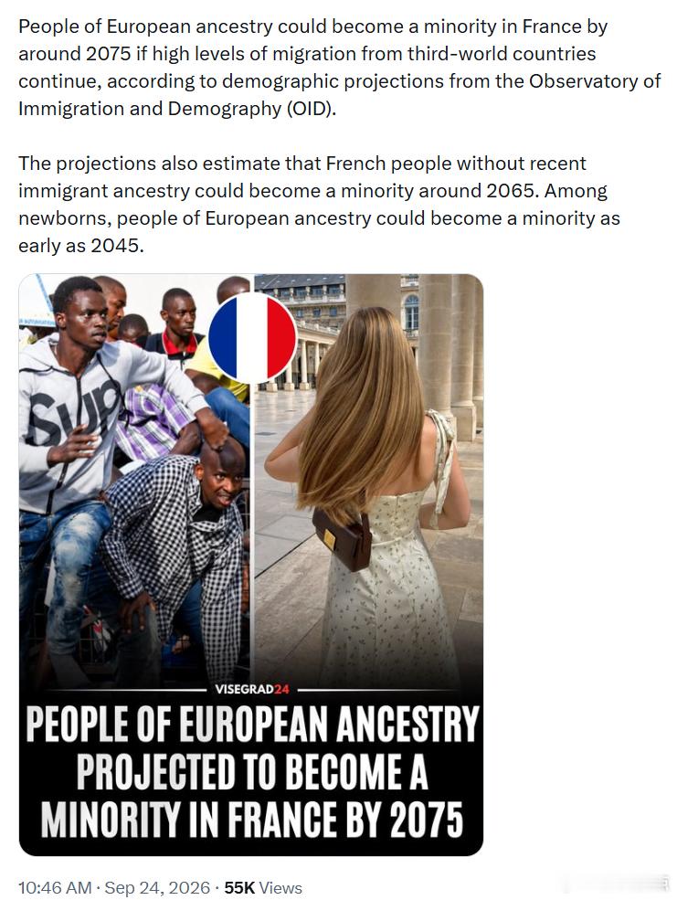 根据移民与人口统计观察站（OID）的人口预测，如果来自第三世界国家的大规模移民持
