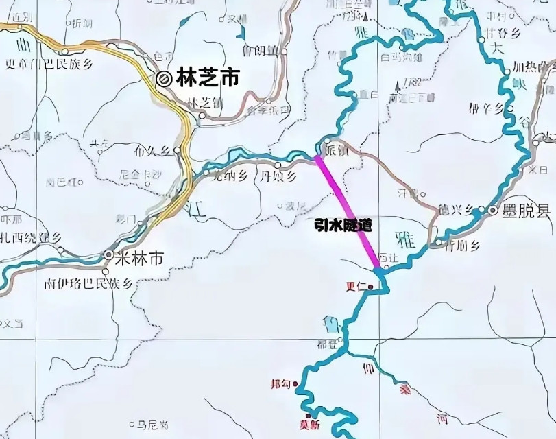 雅鲁藏布江水电站的基本原理就是在图1的紫色线条处斜向打个直径10米的山洞，让水从