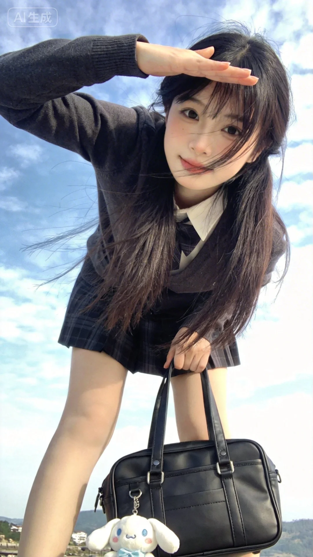 一位长发及腰、模样似洋娃娃般可爱的女生。低角度垂直仰拍看向镜头，失焦感...