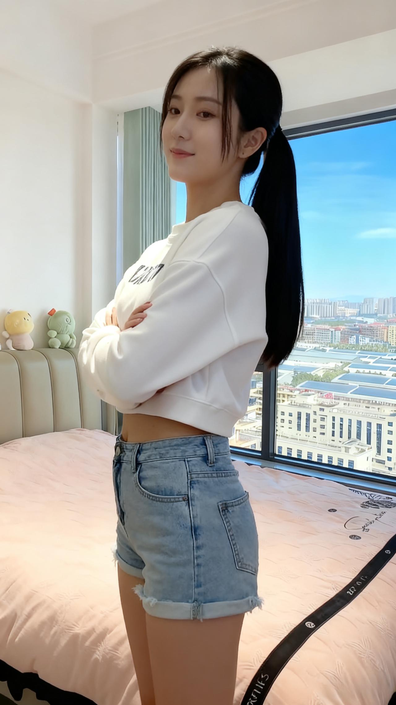 她站在窗前白卫衣的下摆露出一小截腰肢像春天里刚冒尖的嫩芽～阳光在她