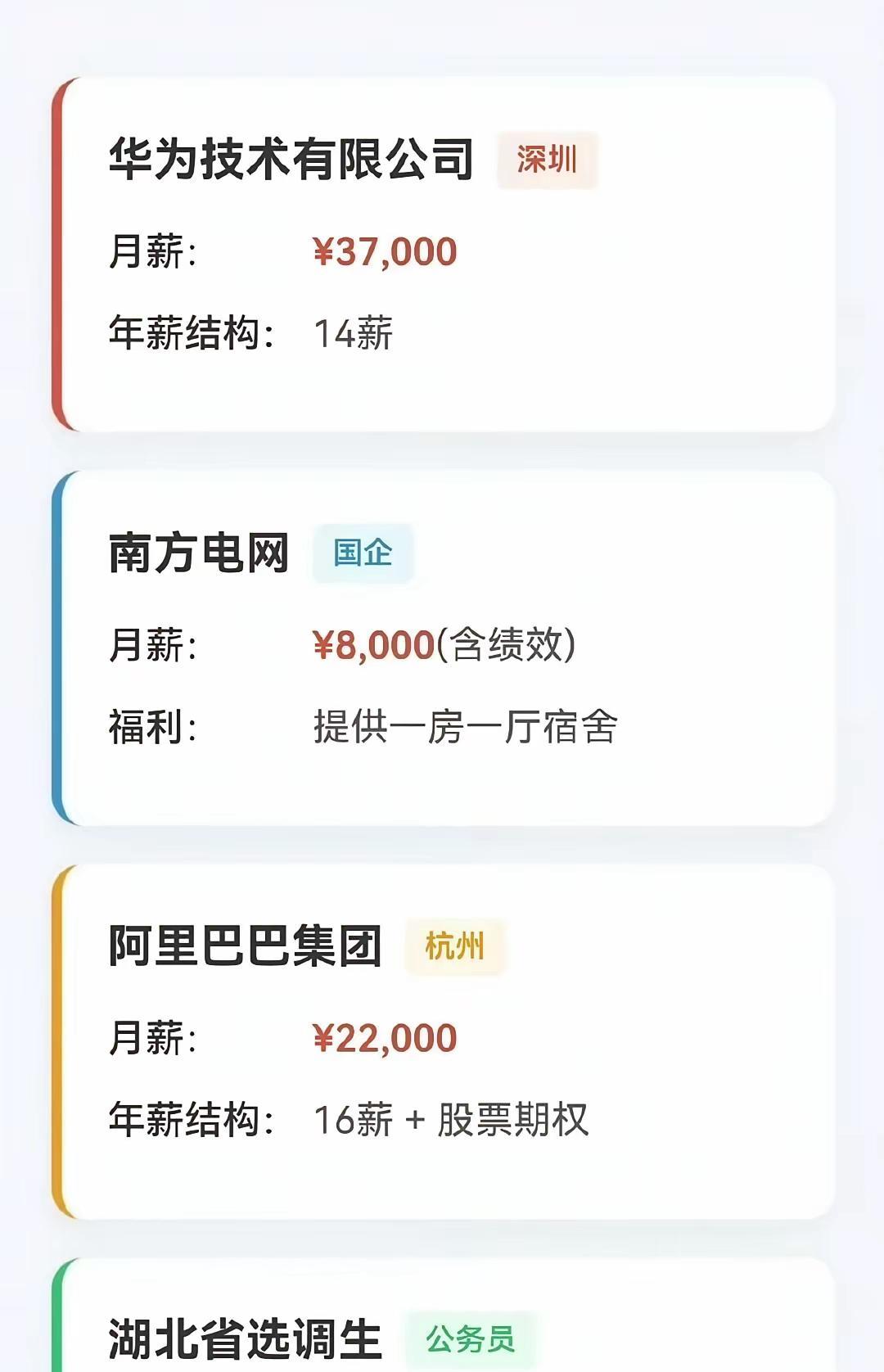 有人抛出了职业生涯选择问题，问华为，阿里，南方电网和选调生都能上岸，选哪一个更好