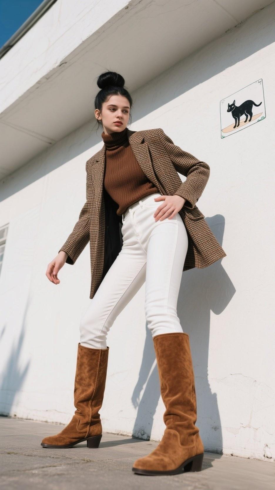 复古风穿搭超有魅力，就说棕色格纹外套配白色牛仔裤和棕色靴子这组合，绝了！棕色格