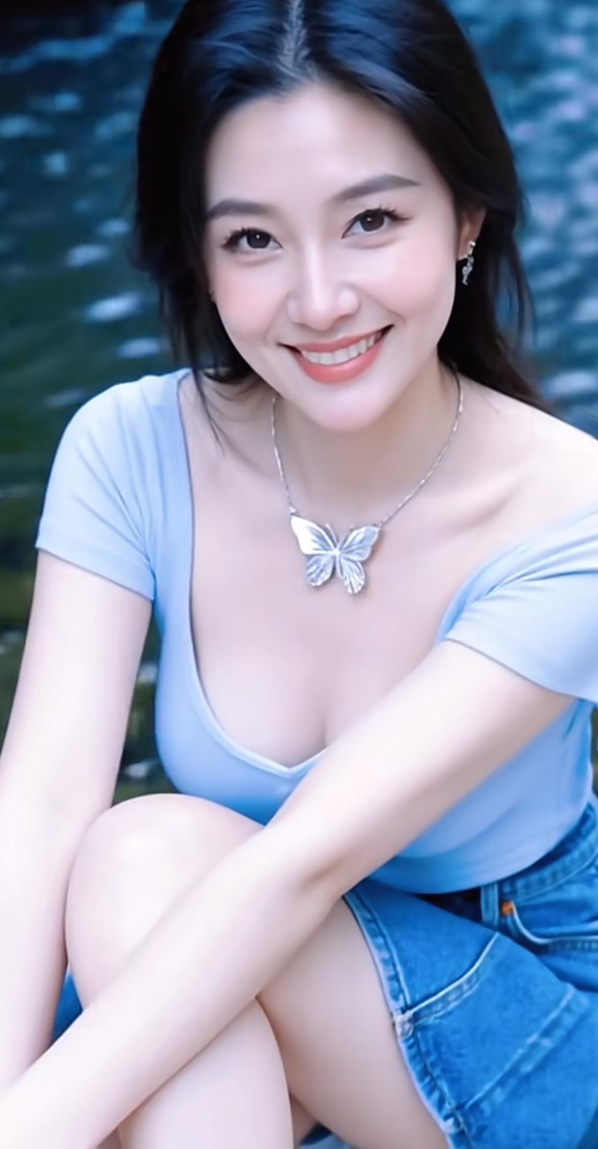 微笑的少女，湖边轻坐，蓝裙飘逸，蝴蝶项链闪耀。分享一张你最近相册里治愈的随手拍