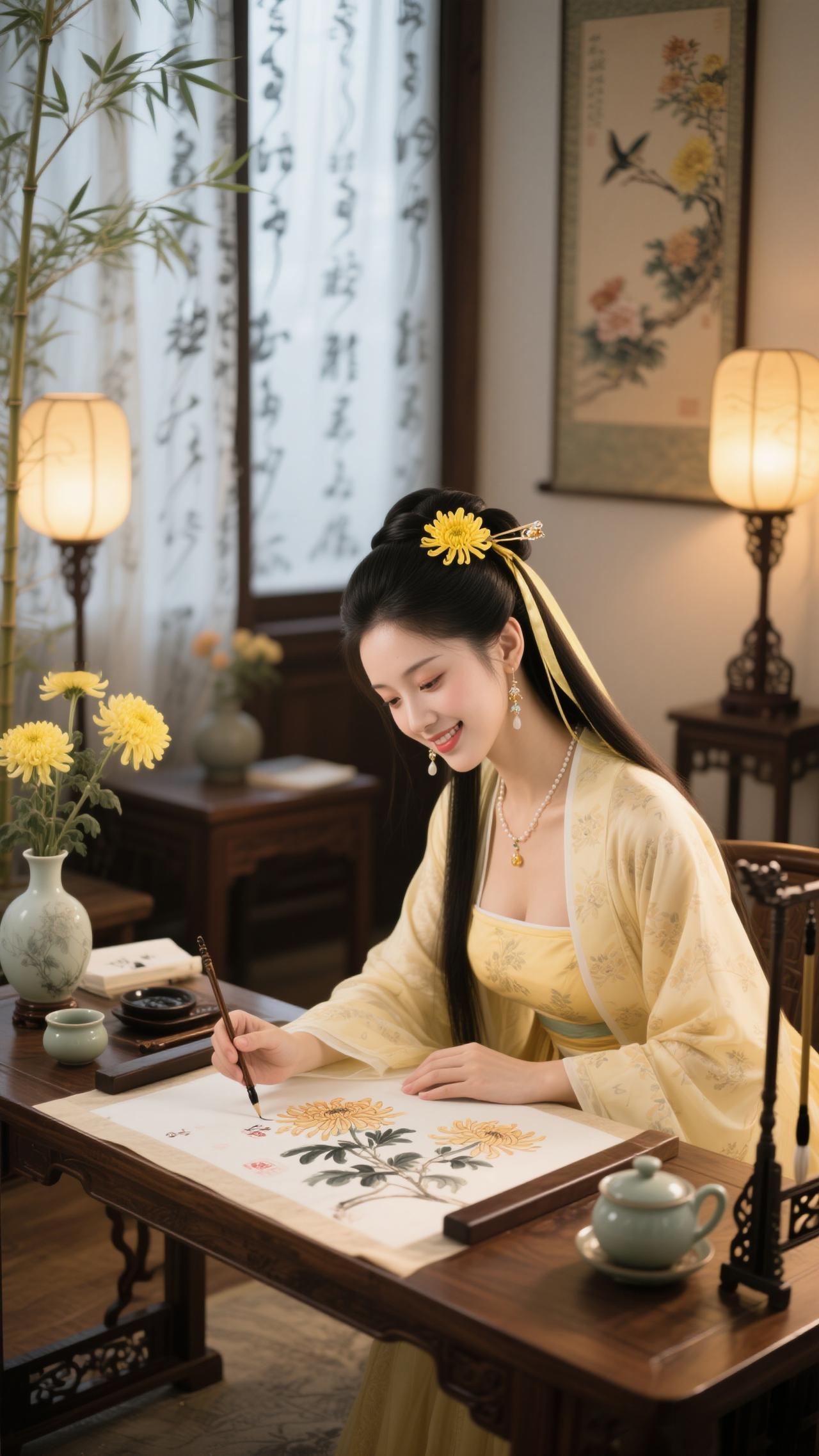 《鹧鸪天·画菊》黄袂簪霜菊半枝，灯窗研墨画东篱。竹风轻拂宣笺软，墨韵闲凝