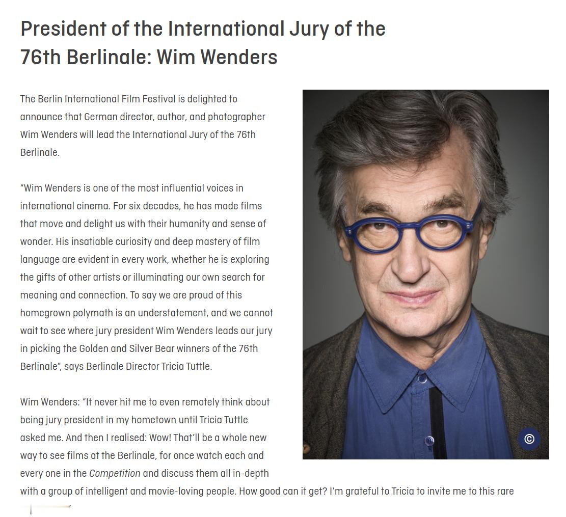 维姆·文德斯担任柏林电影节评审团主席柏林电影节宣布，德国导演维姆·文德斯将担任第