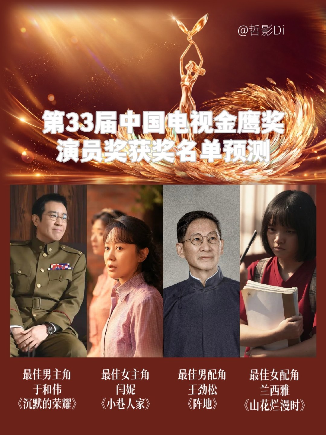 #金鹰奖预测#第33届金鹰奖将于今晚公布最终获奖名单，根据金鹰奖的调性以及区别于飞天奖、白玉兰奖的结