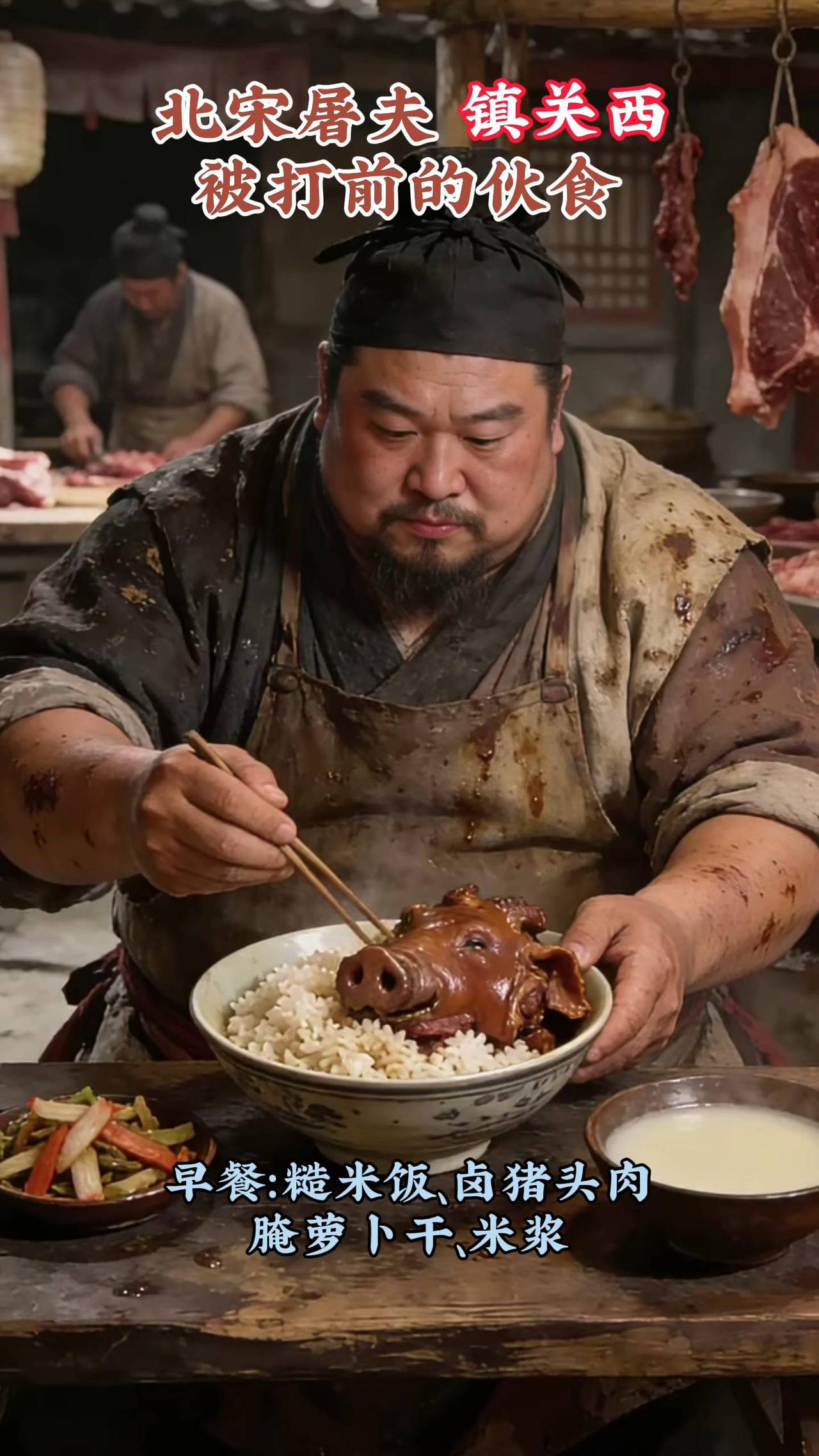 北宋屠夫镇关西被打前的伙食。·早餐：糙米饭、卤猪头肉、腌萝卜干米浆。·午餐：