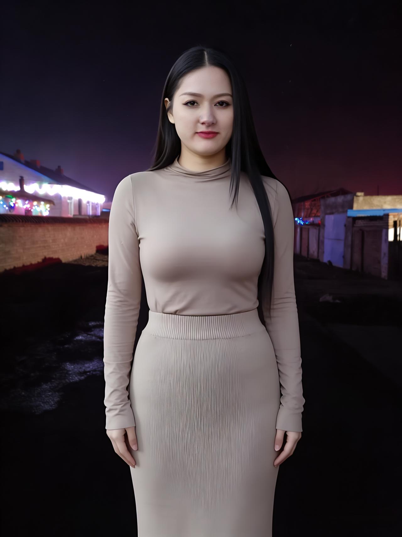 夜色是一件柔软的披风，裹着村庄的呼吸，和她的身影。路灯把光揉成碎金，落在她