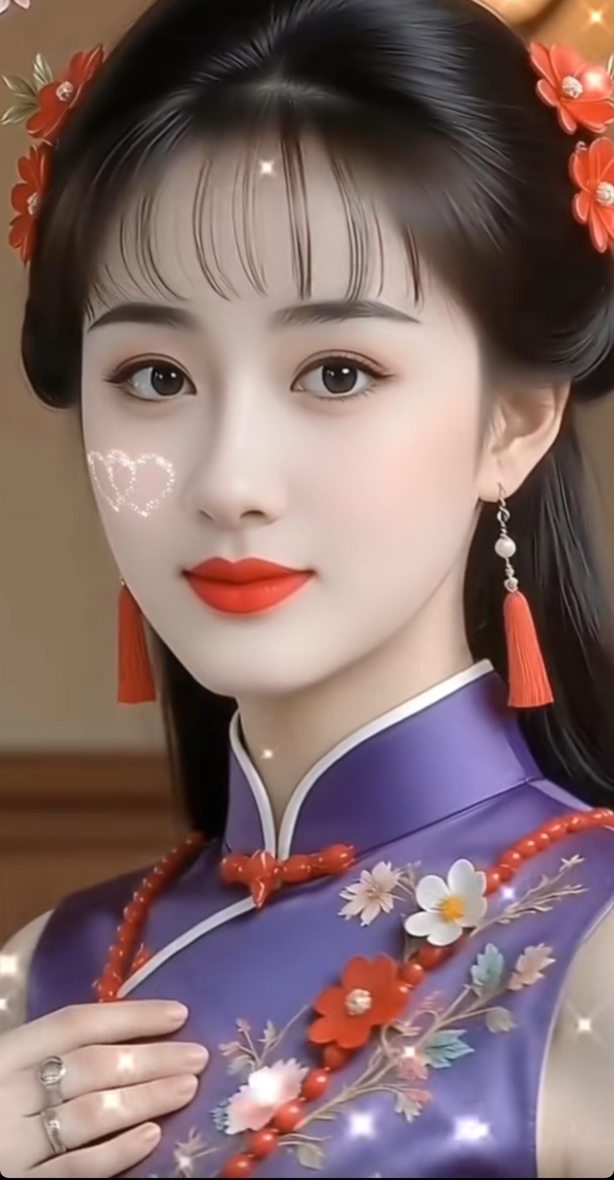 惊艳的古典美人，红唇与花饰相映成趣，古风韵味十足！🌸💄👗随手拍，分享图片