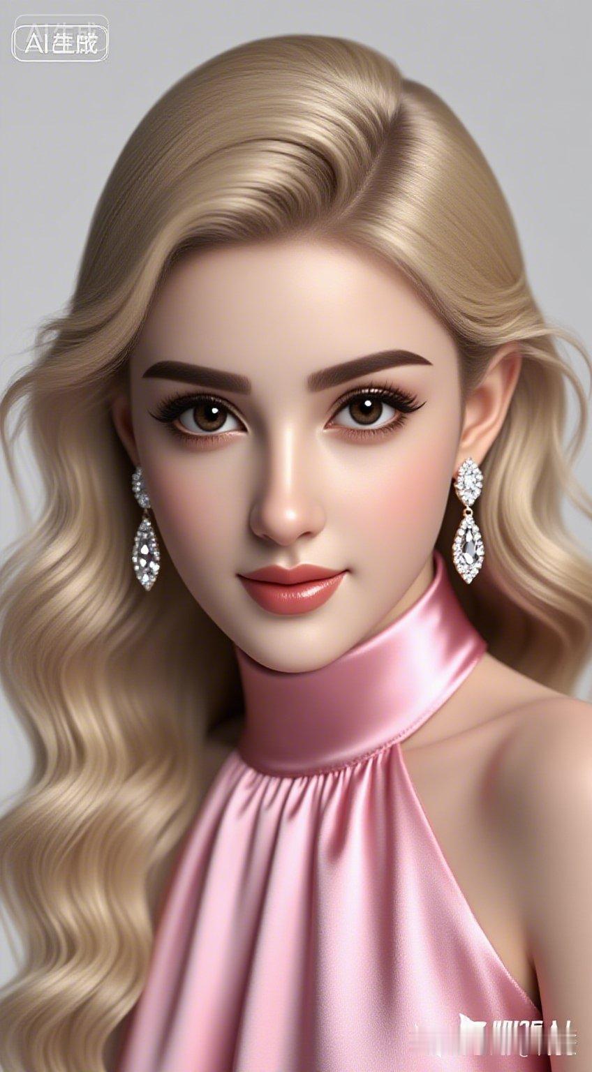 梦幻金发少女，优雅粉色礼服，闪耀钻石耳环，完美妆容，尽显高贵气质！