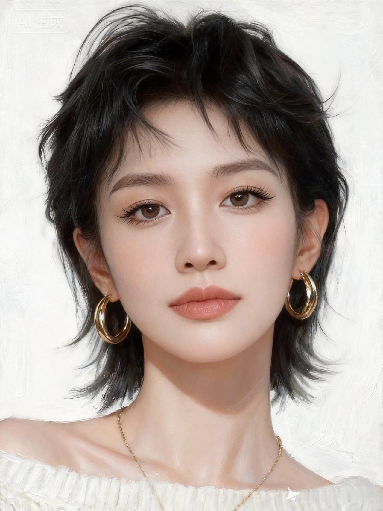 纯白背景衬瓷白肌肤，凌乱黑短发灵动，细长眼尾配纤长睫毛，一字肩白毛衣缀首饰。柔和