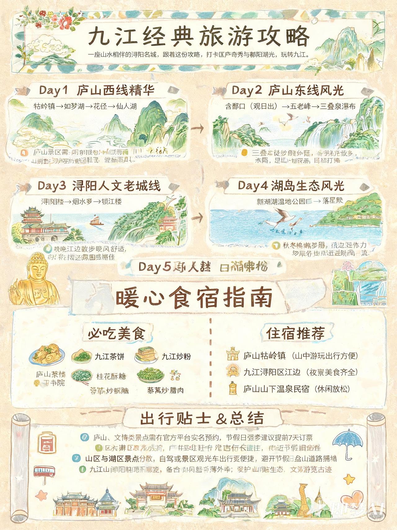 江西九江经典旅游攻略信息图：Day1庐山西线精华：牯岭镇→如琴湖→花径→仙