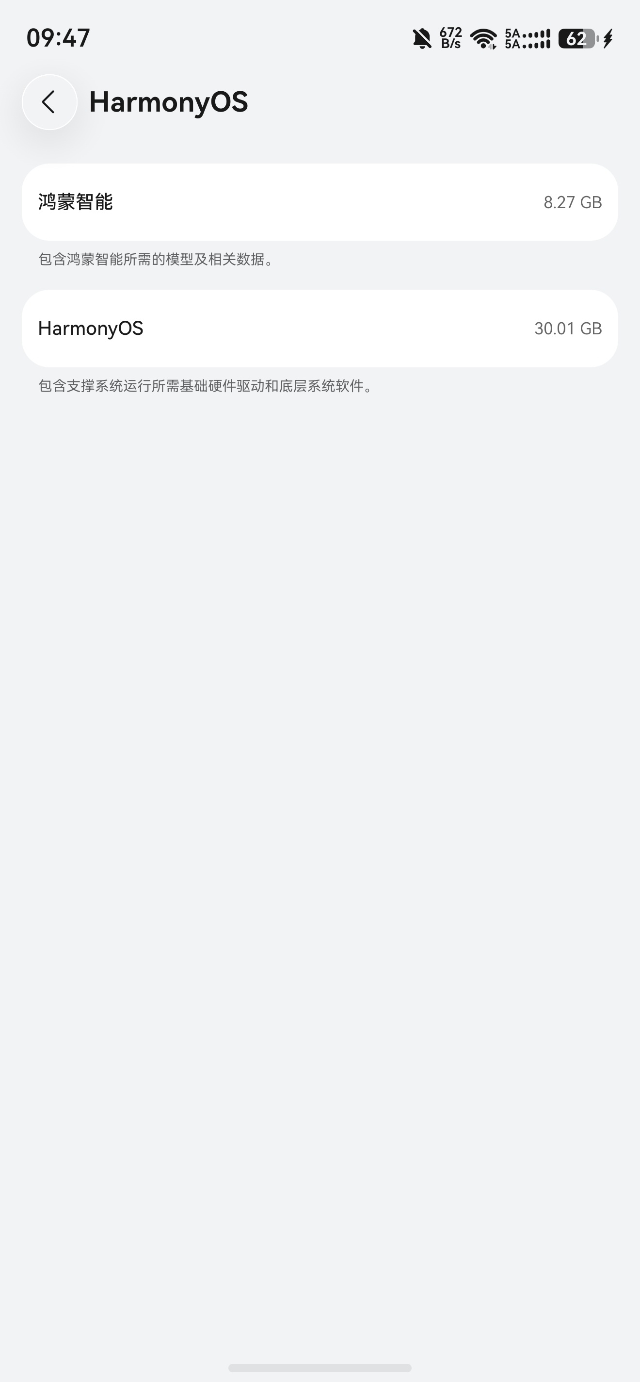 最新版本的鸿蒙6在存储里可以看到模型和系统的大小