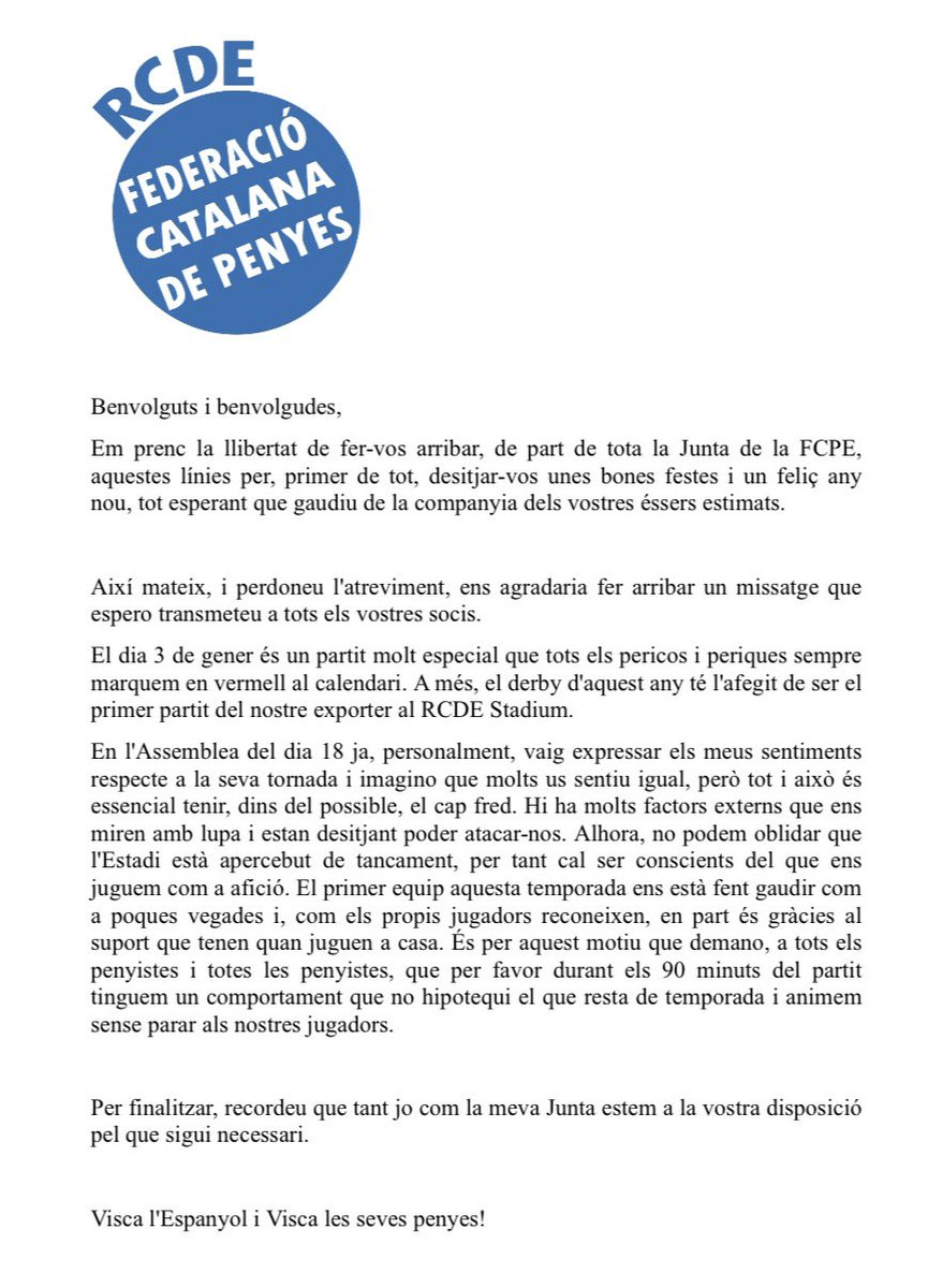 西班牙人球迷会官方发布声明, 呼吁球迷加泰德比保持冷静