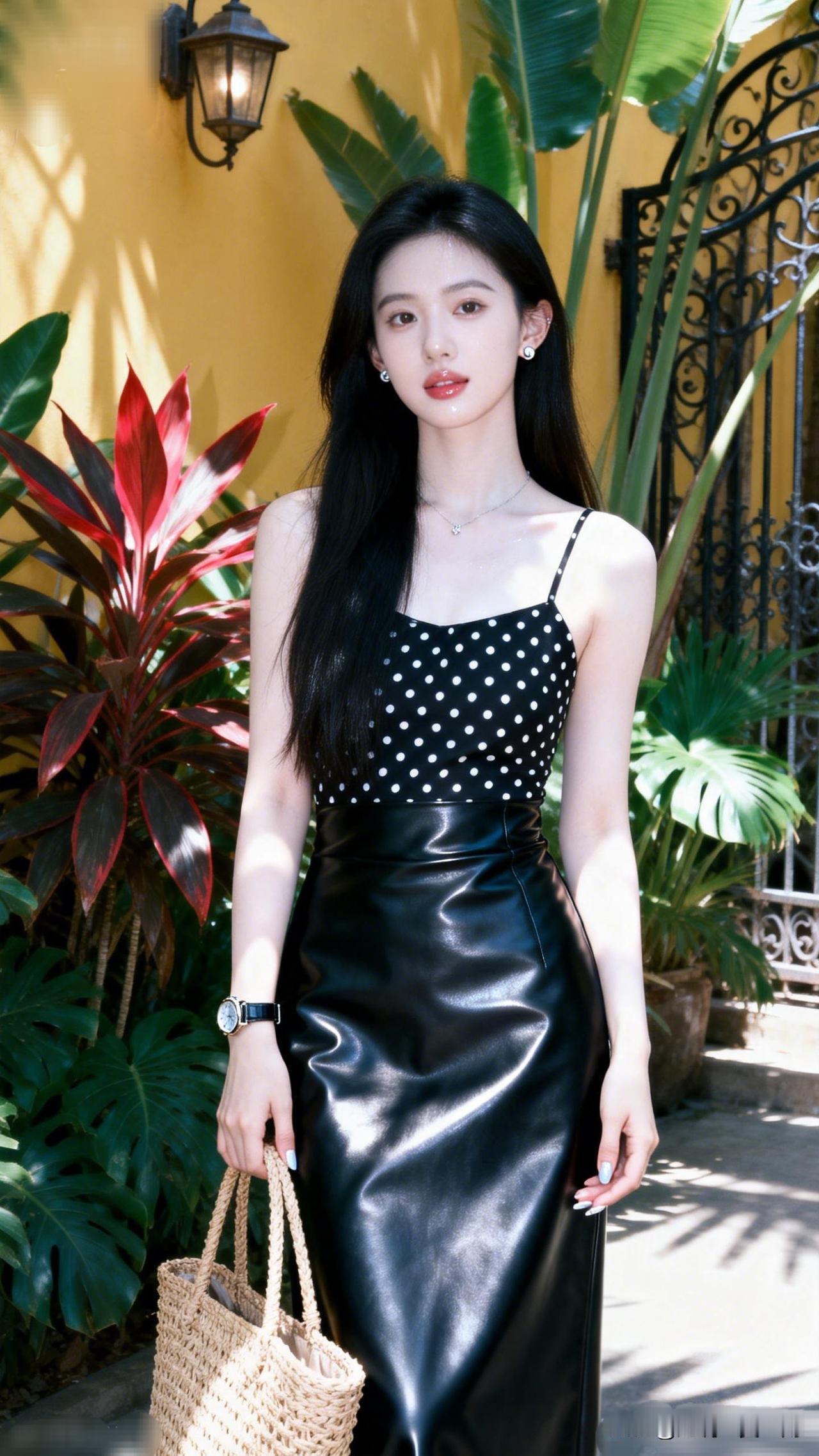 优雅黑裙，波点甜美，手提包搭配，时尚出街。分享唯美照片