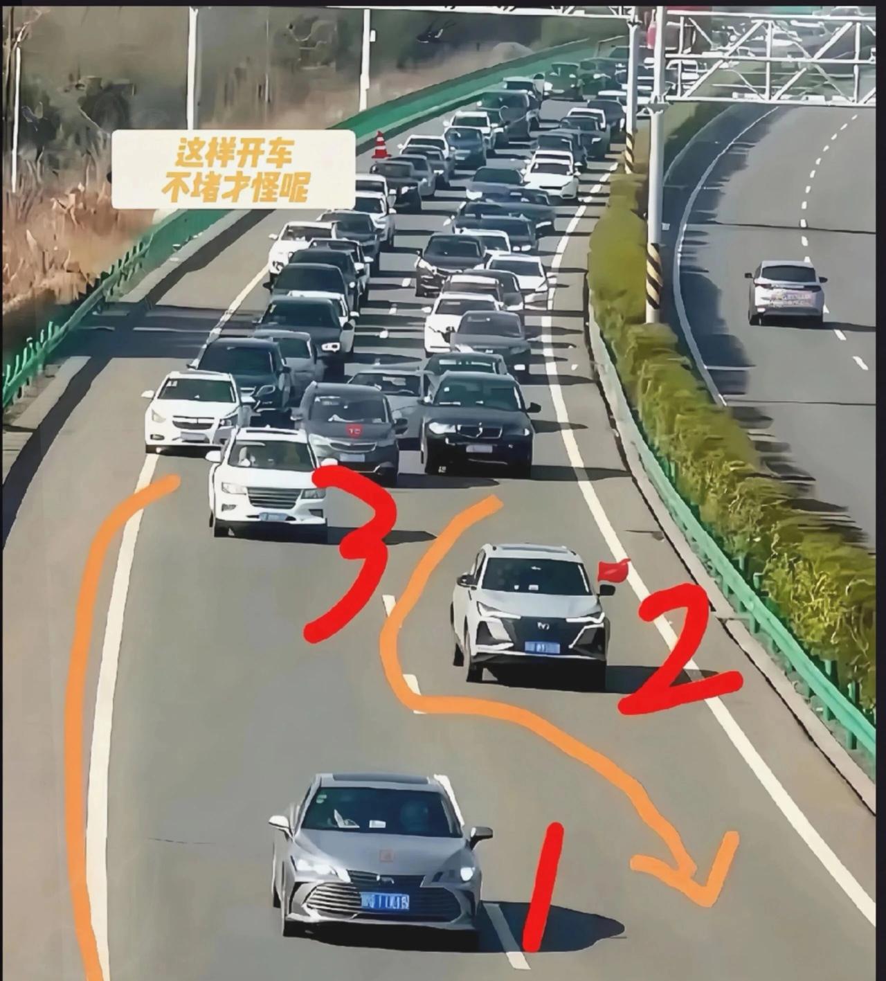 国庆假期高速公路又现堵车潮，去到前面一看原来如此，评论一下图里1、2、3号车哪部