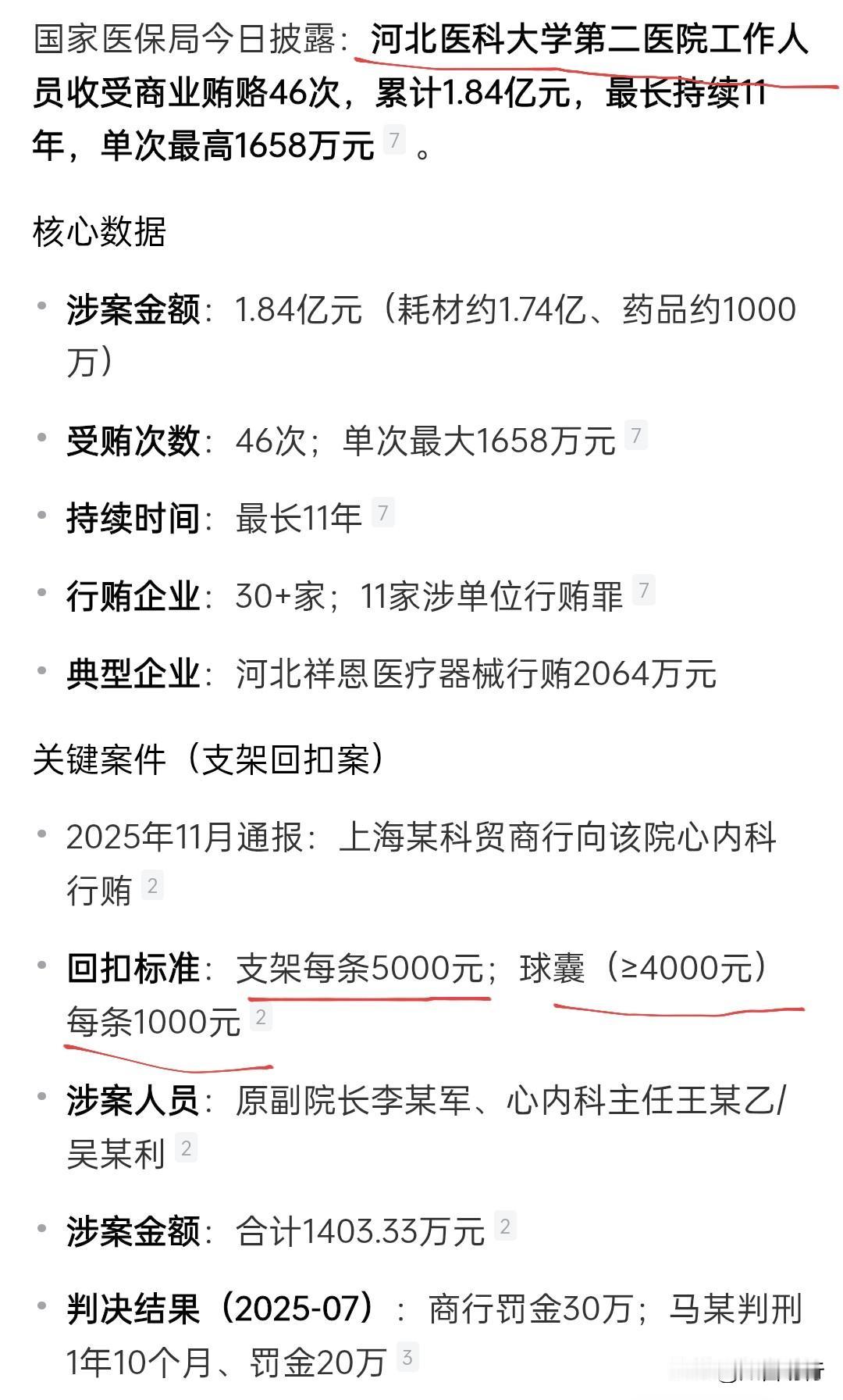 河北医科大学第二医院受贿案，一个支架回扣标准5000元，一条大于4千块的球囊回扣