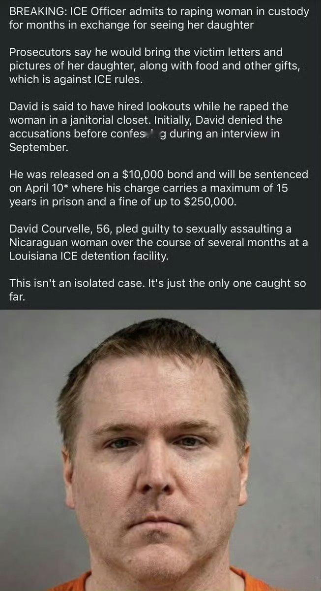 一名ICE执法队员，在拘押期间，以让她见女儿为交换条件，持续数月强奸一名尼加拉瓜