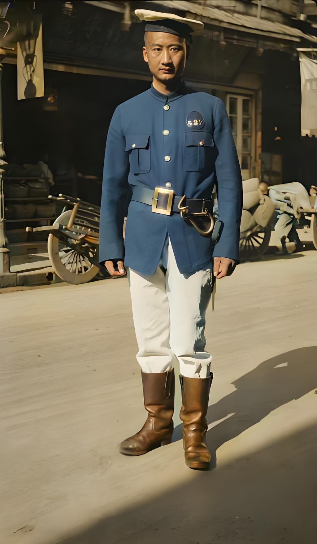 这张1937-1949年的老照片里，男子穿的制服像旧中国的警察服，胸口“52