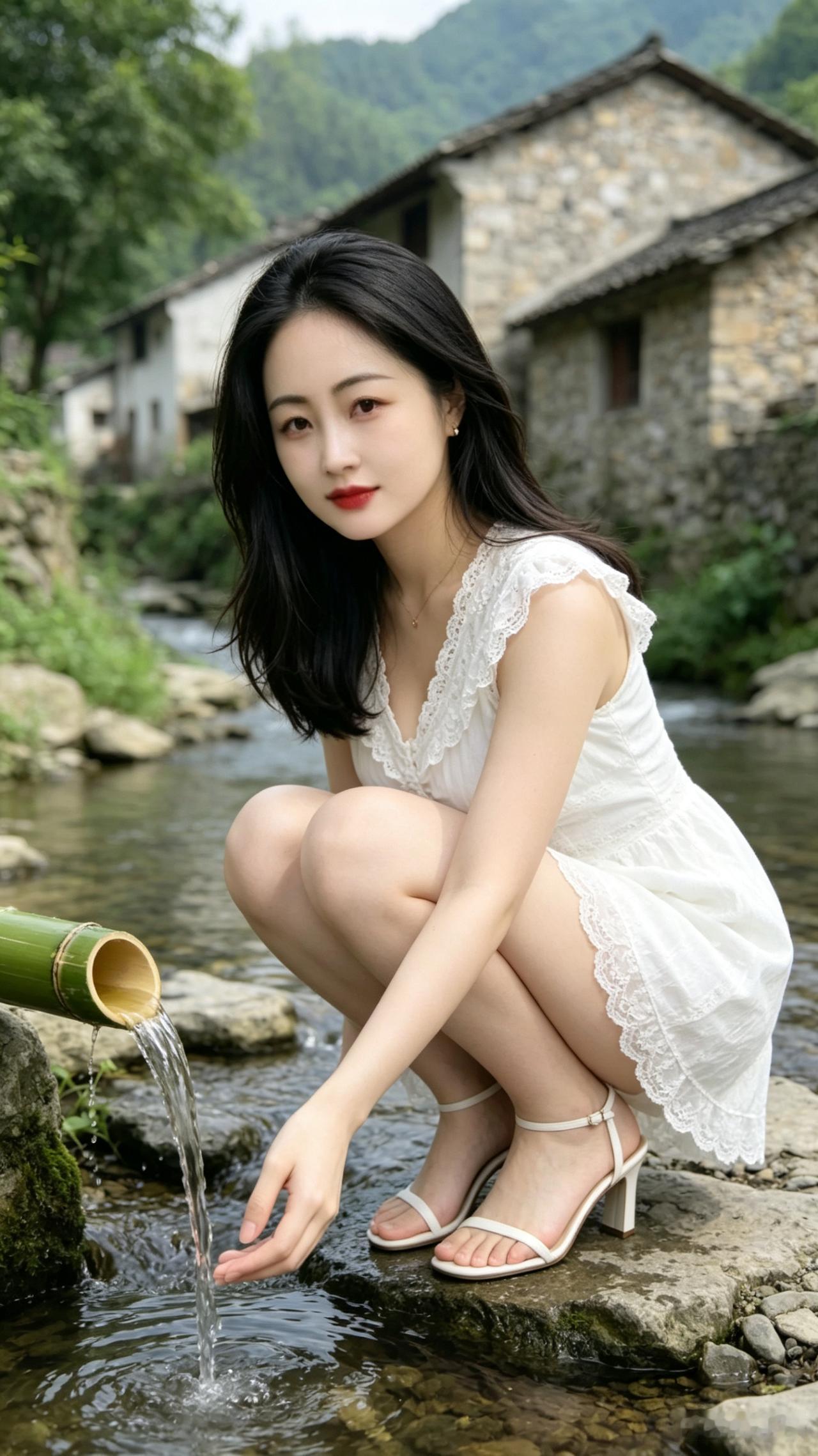 溪畔白衣佳人青山绕舍柳烟柔，素袂轻依碧涧头。纤指微撩清浅浪，竹筒滴沥载闲愁。