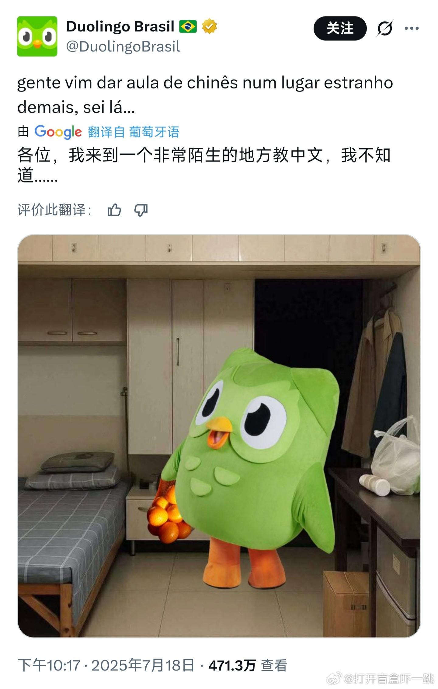 多邻国可真是啥热点都敢蹭，运营团队要跑到这鬼地方教中文是吧？小绿鸟甚至还拎着一袋