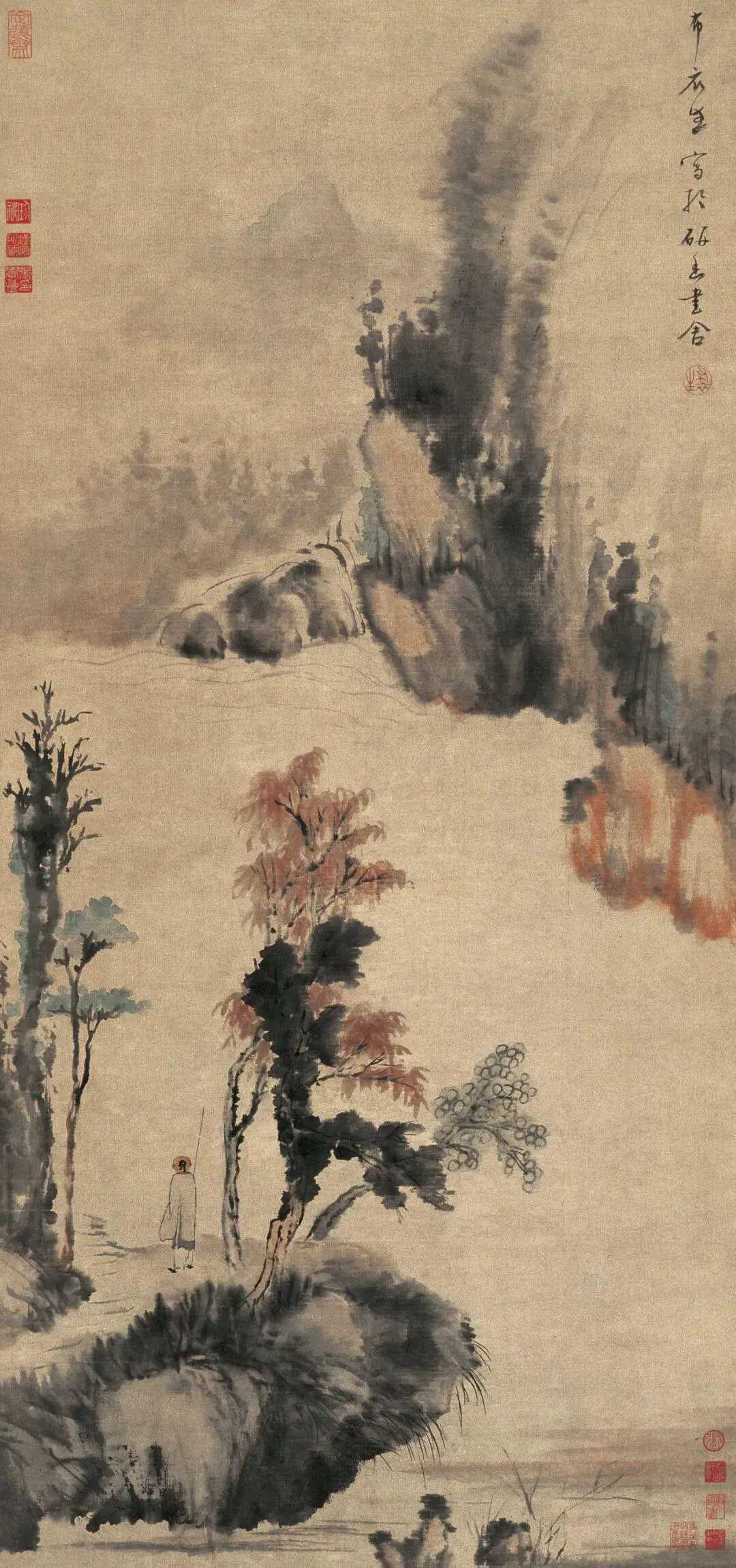 清华嵒《秋林观瀑》，纸本设色128.7×60.3cm，款识：布衣生写于研香