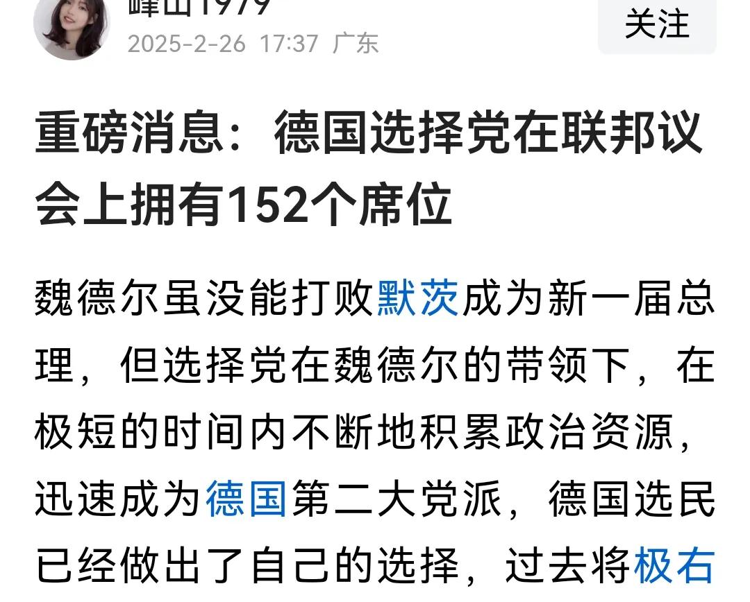 部分中国人如此热捧德国选择党主席维德尔，让我“千”思不得其解。德国议会最低有63