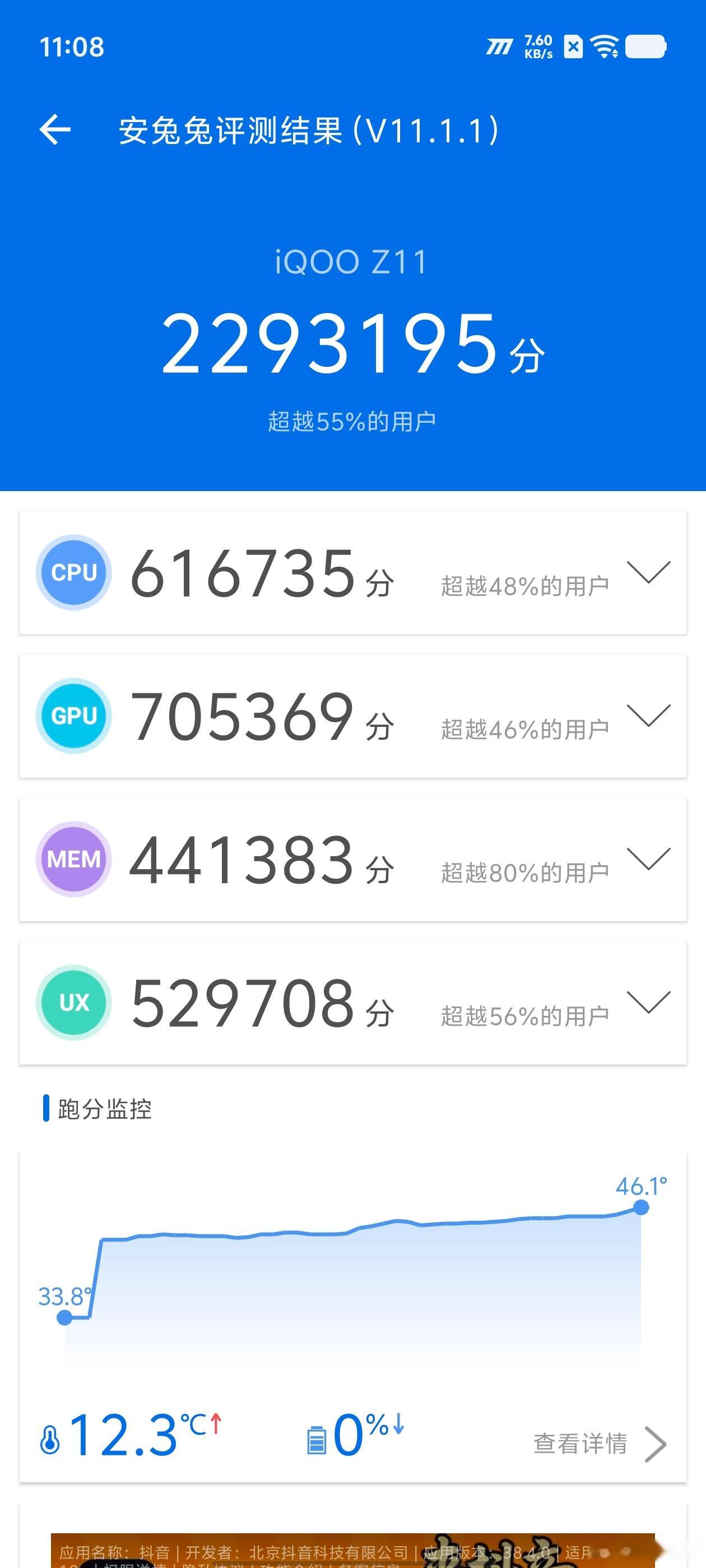 iQOOZ11室温下跑了下分，16GB+512GB版本，229.3万分，符合满