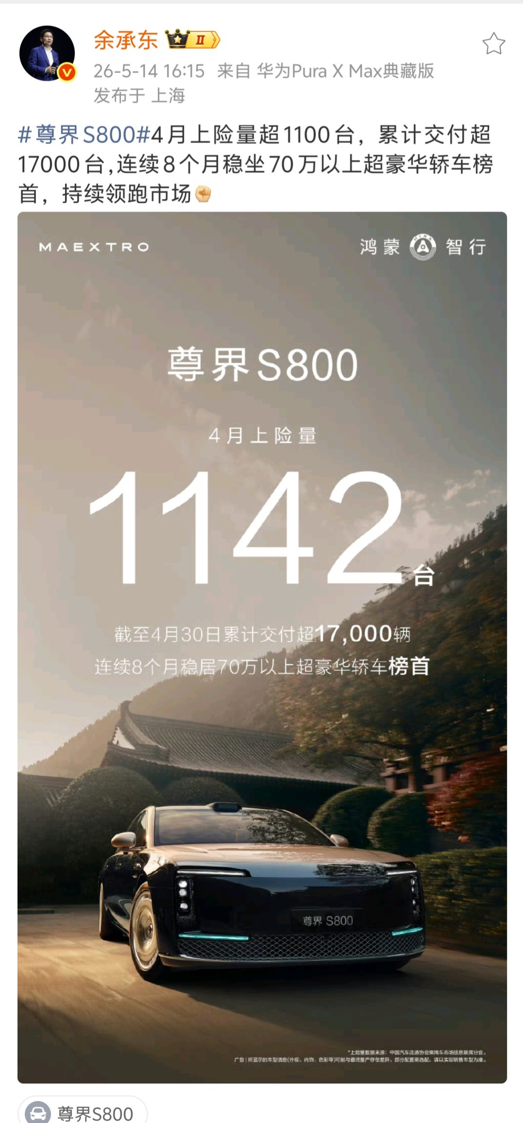 余承东没有回应鸿蒙版玛莎拉蒂的传闻，而是默默地放出了尊界4月份的上险量：1142