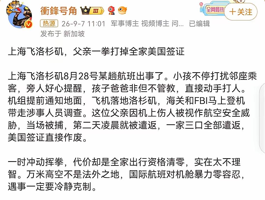 飞机上挥拳打人！男子一拳打掉全家美国签证，结果让这一家人后悔的肠子都青了，估计已