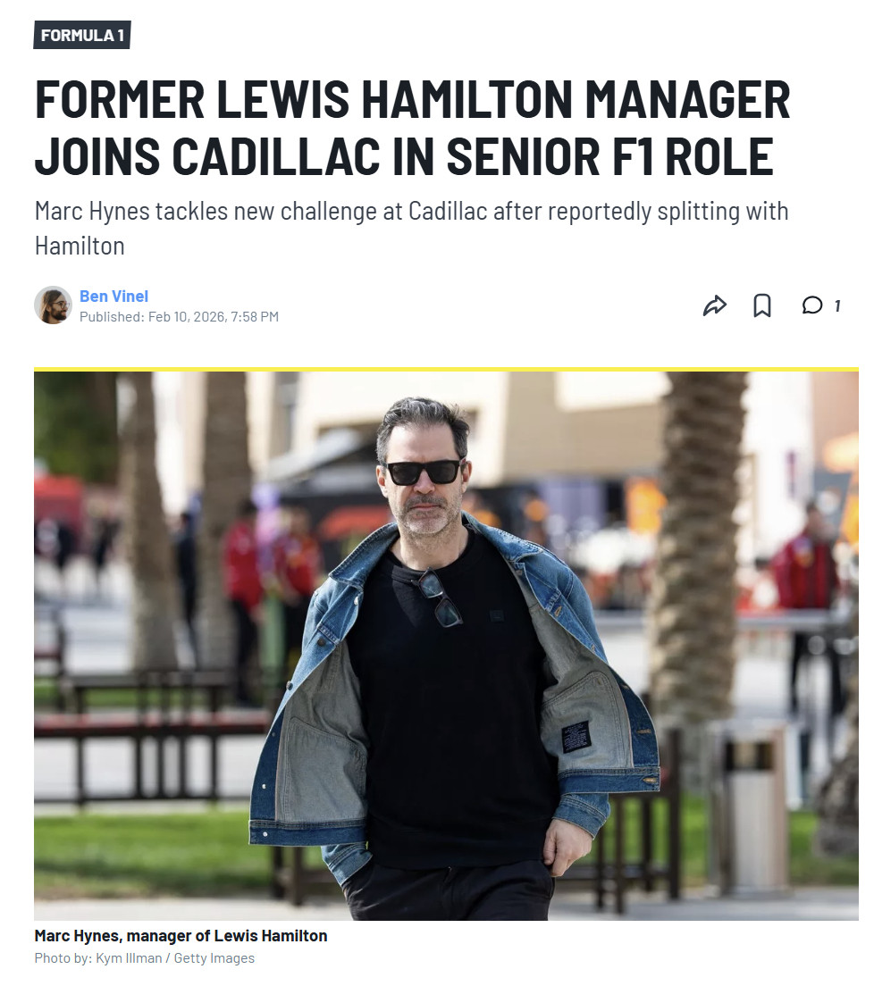 马克·海因斯不再担任刘易斯·汉密尔顿的经纪人之后，加入凯迪拉克F1车队担任首席赛