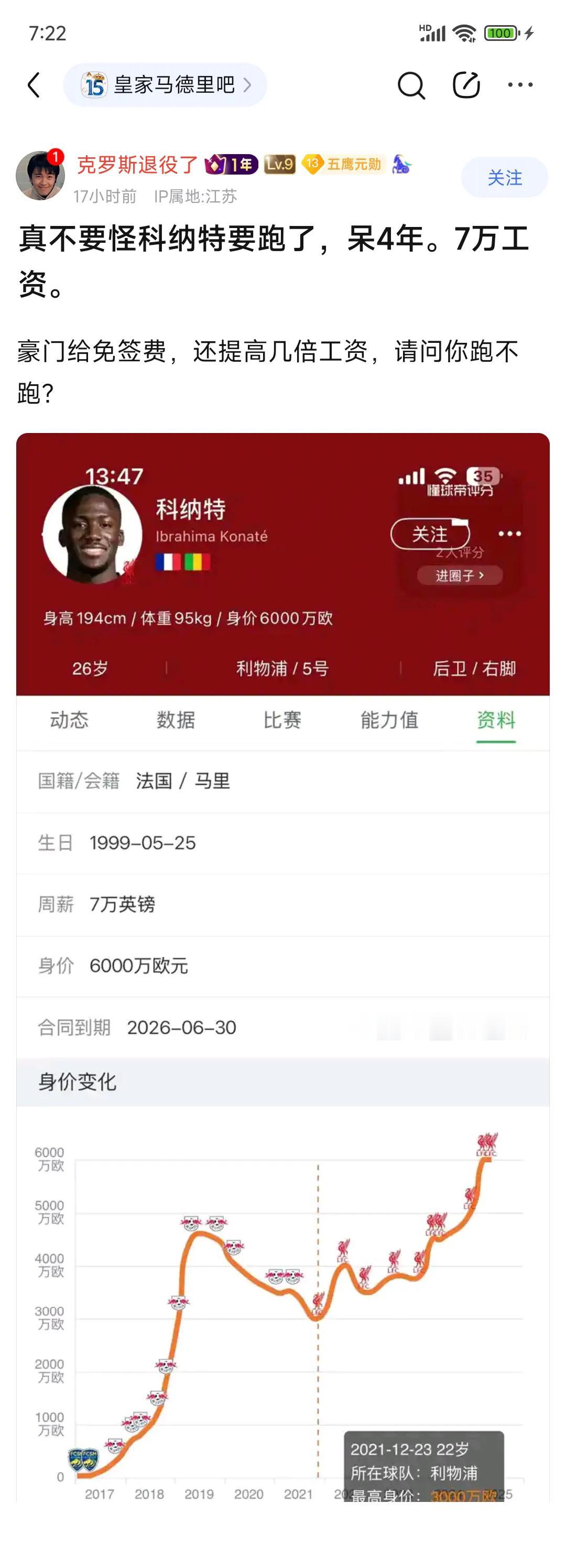 皇马球迷有意思，说科纳特7万周薪，换做是谁都得跑路。所以皇马明年免签科纳特，