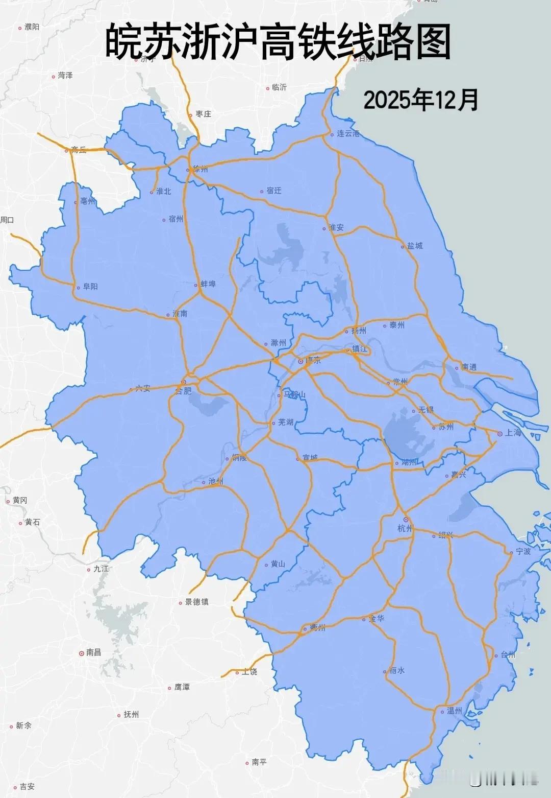 江浙沪皖，高铁网络，苏北现在密度不如皖北，皖北还有未通车的，苏北基本上没什么动静