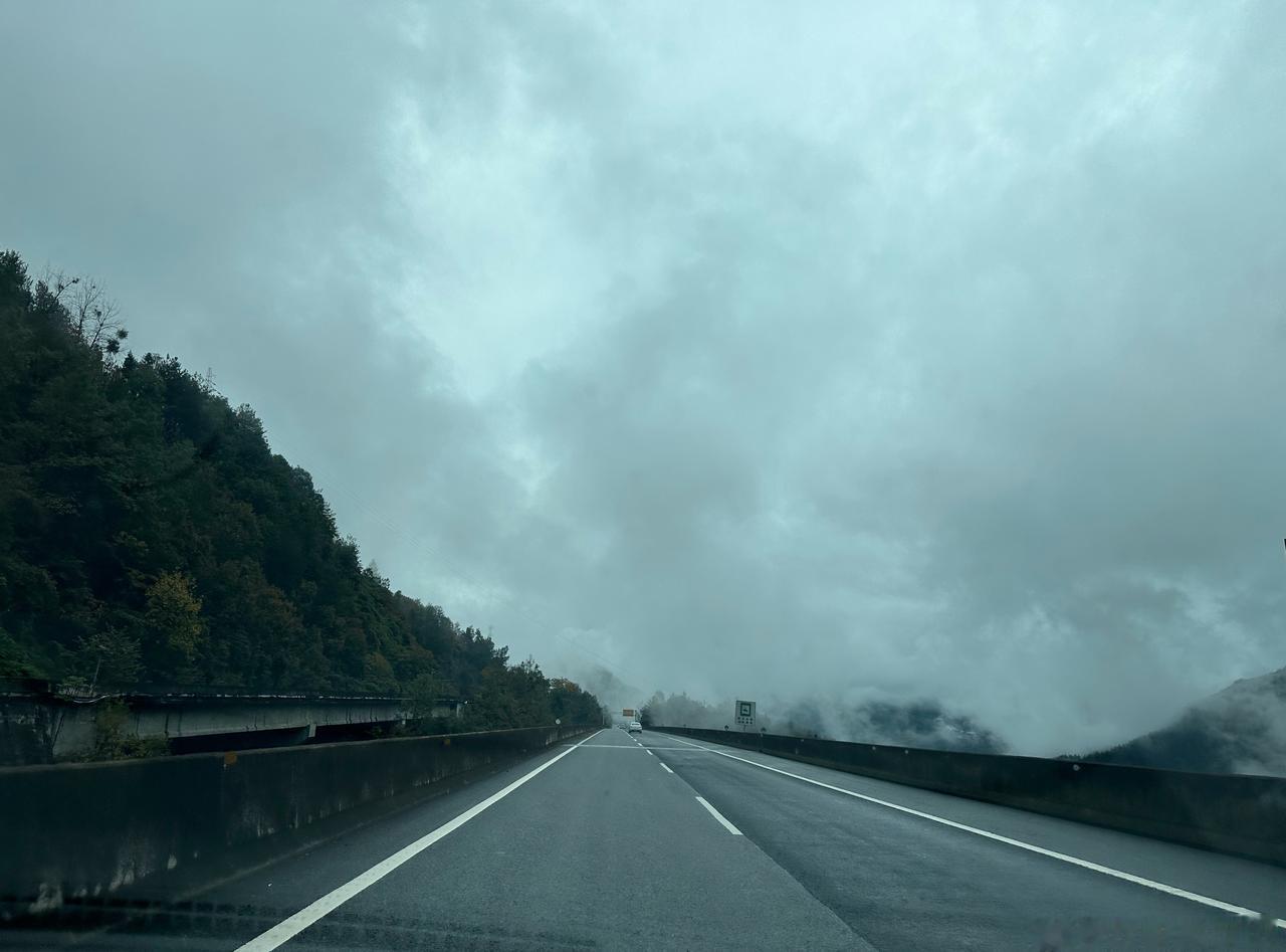 驱车前往岳阳楼景区的路上，高速公路上奔驰而行，都在蜿蜓连绵的群山起伏中，有团雾