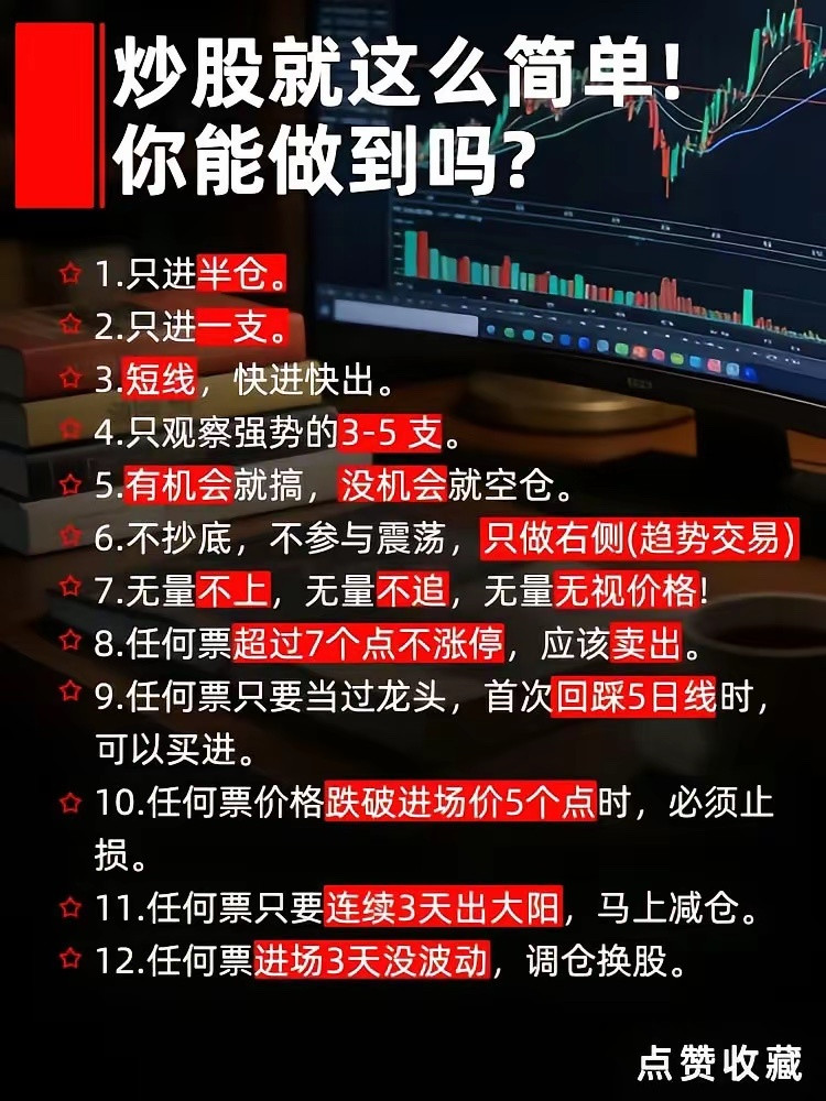 炒股六技巧要牢记一：任何一只股票，只要第一次回踩20日均线，就可以考虑进场。二：