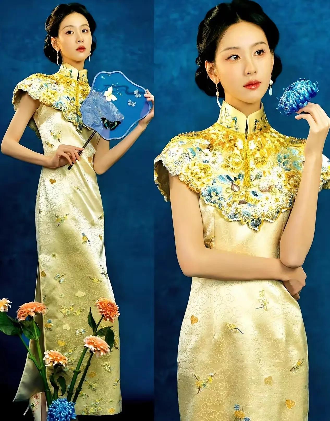 陈都灵把“东方美学”穿在了身上！💃一袭“君子霭”云锦旗袍，孔雀羽线在灯光下流