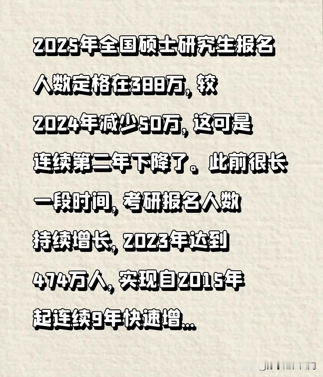 2025年全国硕士研究生报名人数定格在388万,较2024年减少50万,这可是连