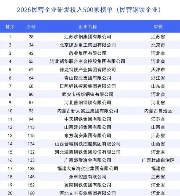 民营钢铁企业研发投入排名：沙钢第一，建龙第二。沙钢和建龙作为民营钢铁企业研发投
