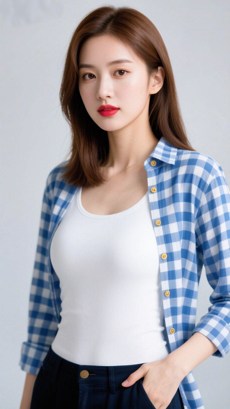 《蓝格裹满夏风柔》浅白背景里，蓝白格纹似把晴空裁作了衣衫。她松敞着衬衫扣，