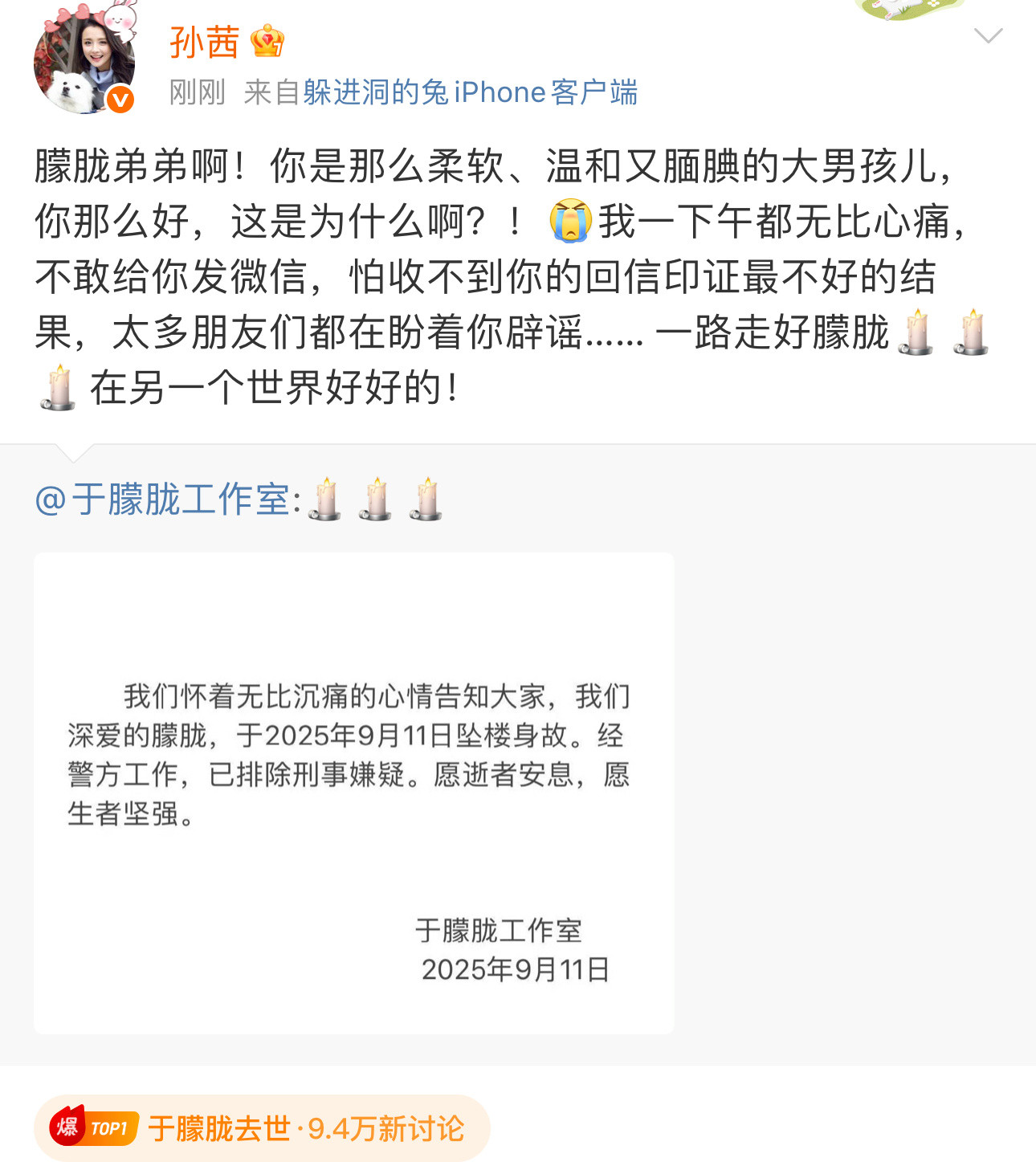 孙茜发文悼念于朦胧孙茜悼念于朦胧朦胧弟弟啊！你是那么柔软、温和又腼腆的大男孩儿