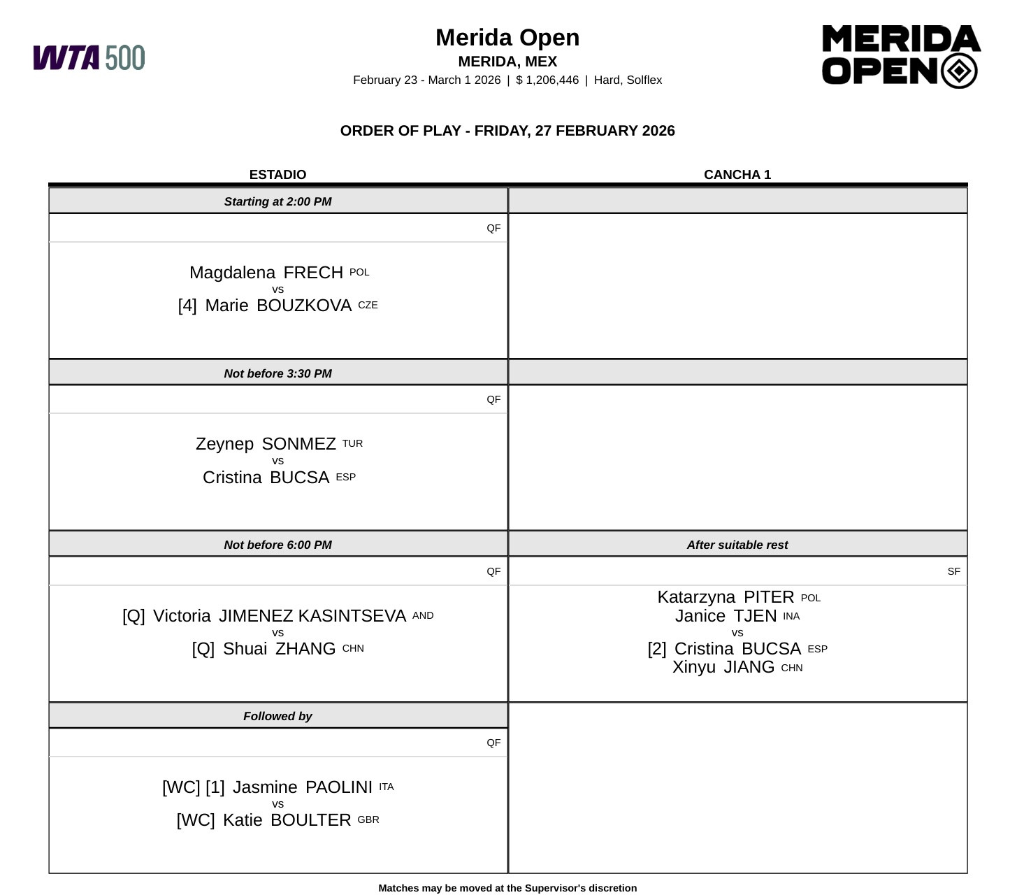 周五赛程📅两站巡回赛1/4决赛开打，以下安排均为北京时间👇📍WTA500梅