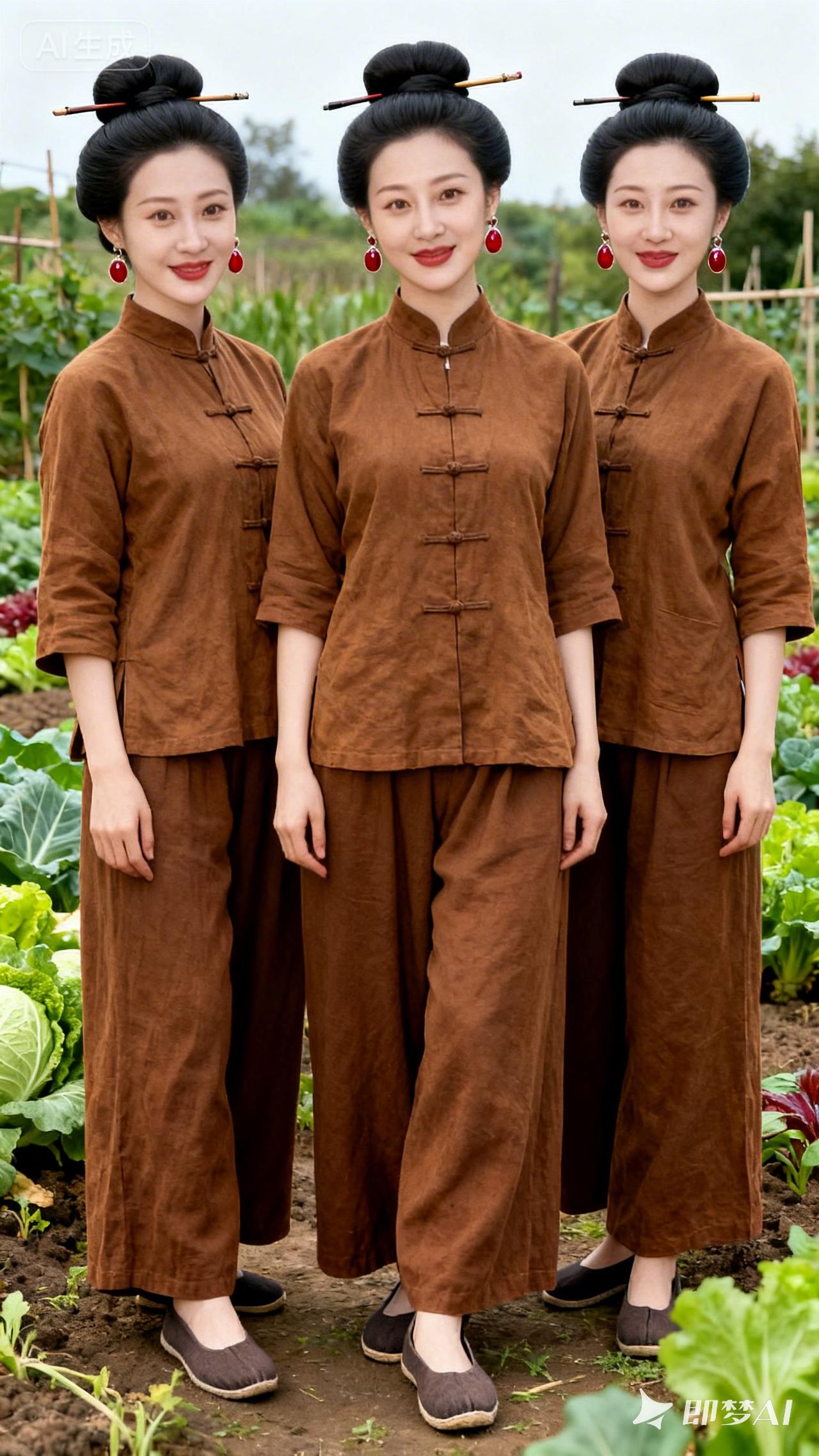 复古风三姐妹，红耳环点缀，传统服饰韵味十足！🌸👗💄