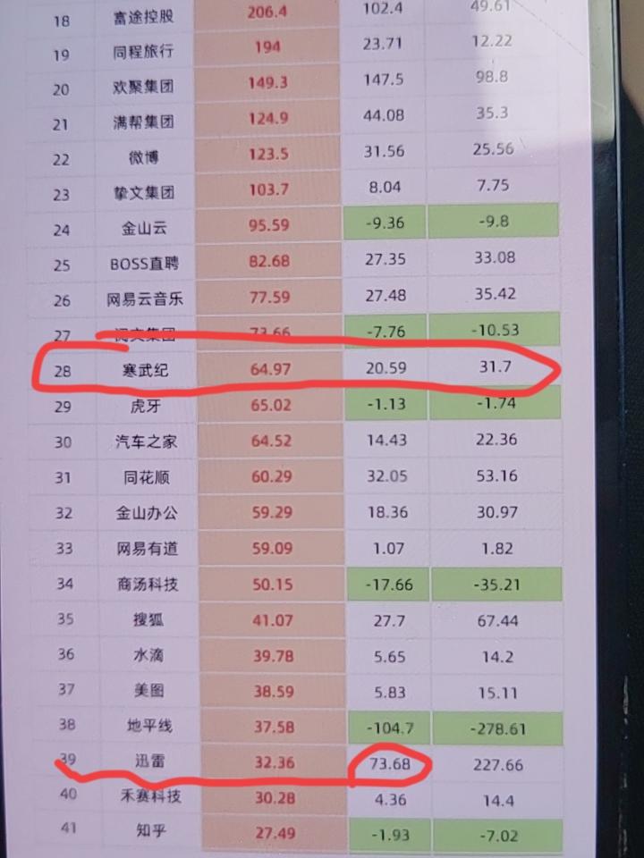 各大互联网公司2025年的营收和利润情况，其中迅雷和寒武纪的数据很不可思议。