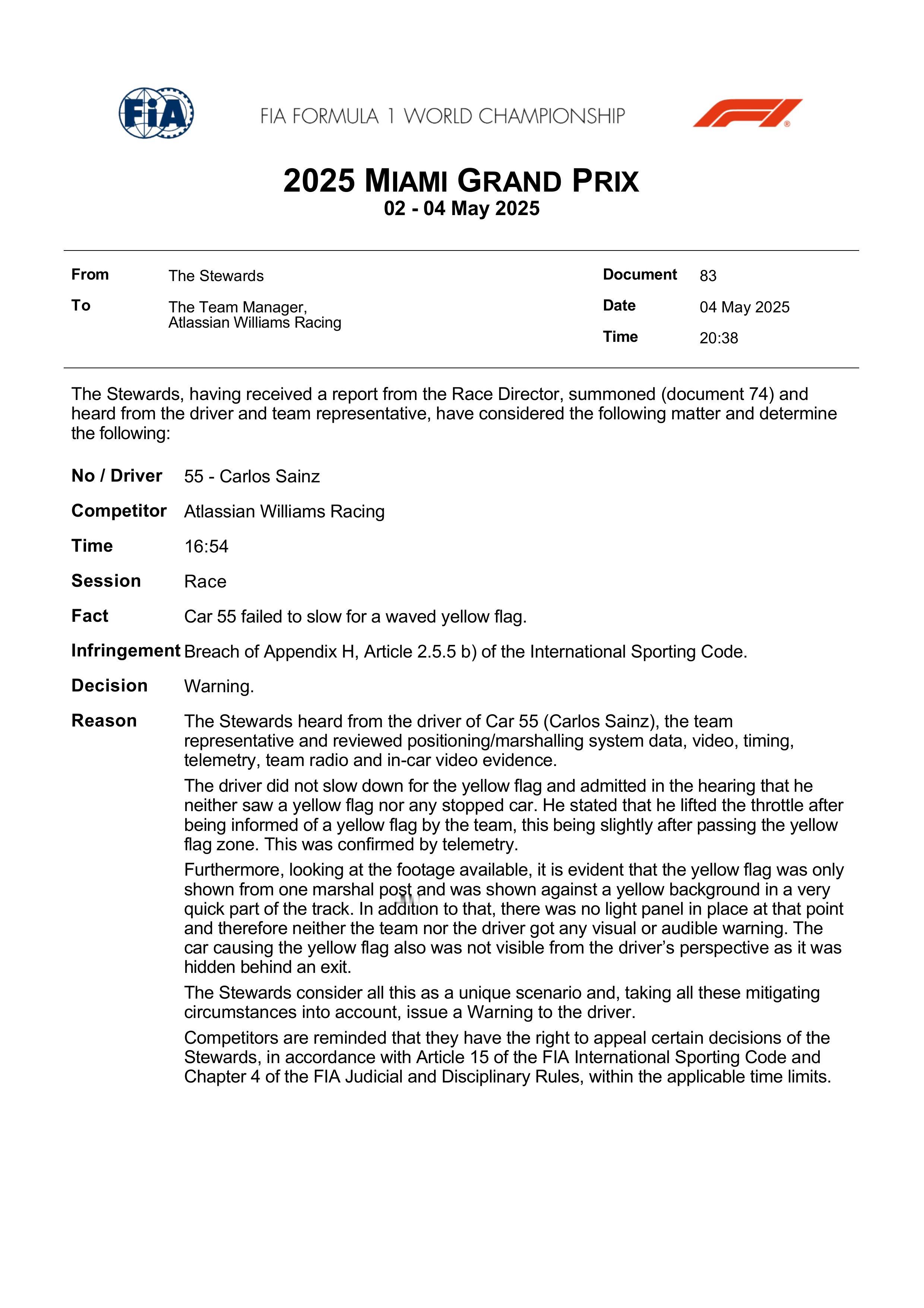 F1迈阿密站正赛赛后调查结果省流版：没有影响最终成绩。1.塞恩斯在黄旗下未减