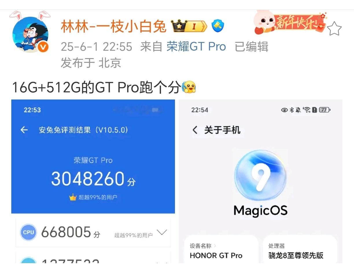 荣耀林林总：16G+512G的GTPro跑个分​​​300万+的跑