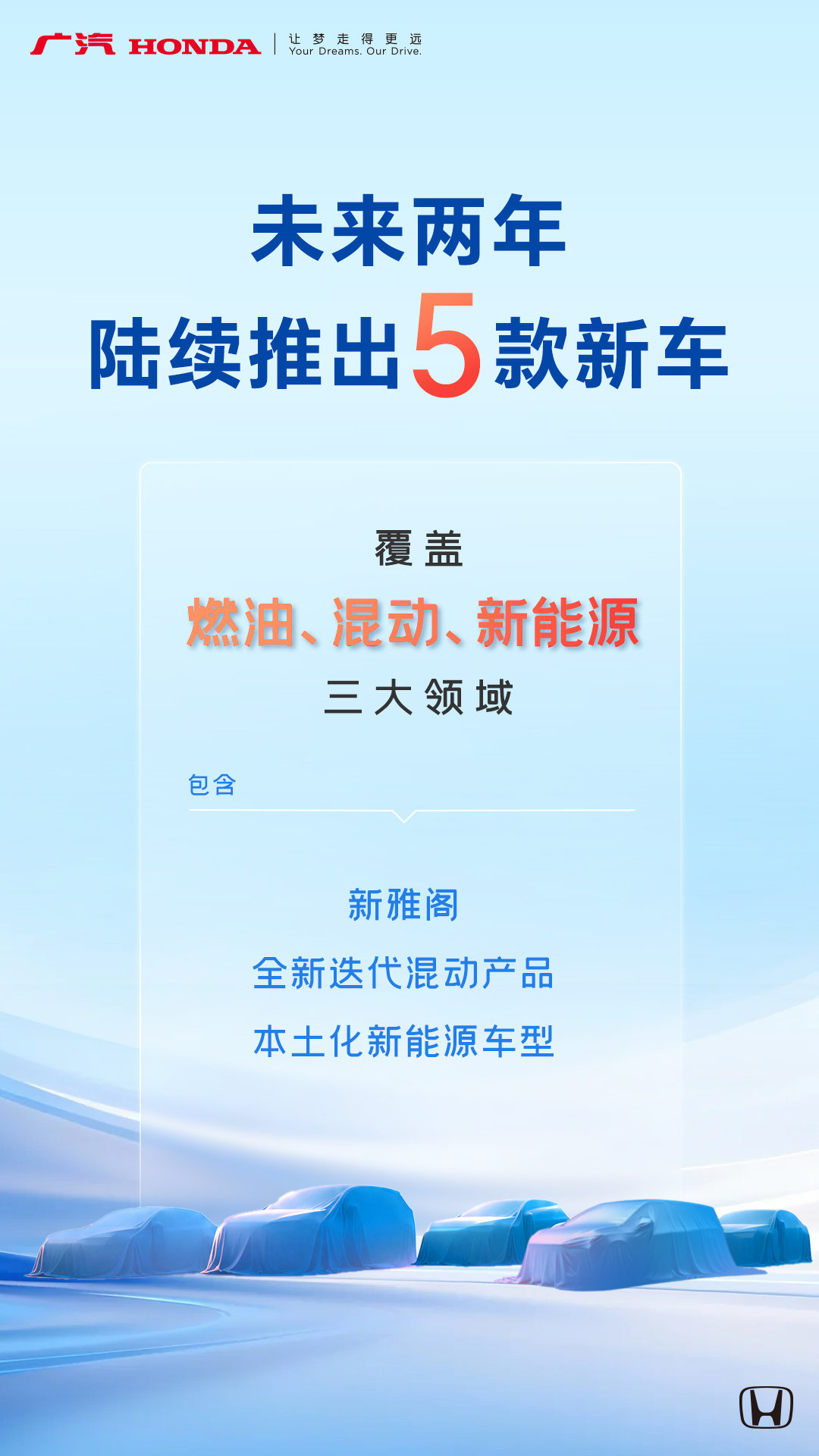 未来两年，广汽本田将陆续推出5款新车从新雅阁、全新混动产品，到本土化新能源车型覆盖燃油、混动、新能源